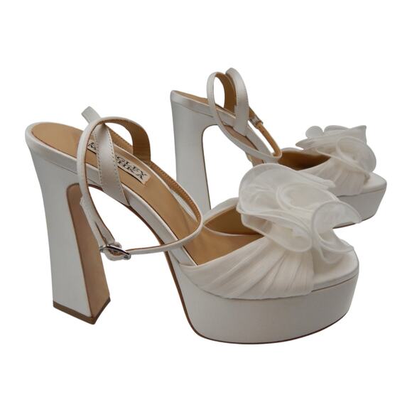 Badgley Mischka Flower Satin High Heel Bridal Platform Sandals Soft White Sz 6 - Picture 4 of 6